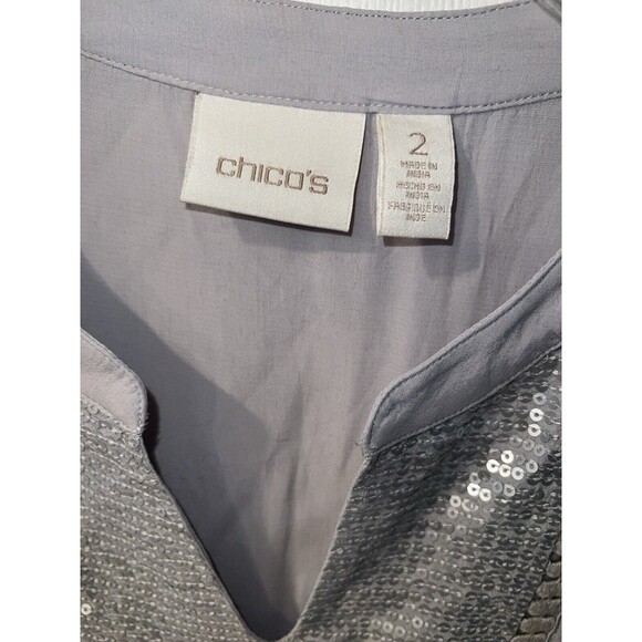 Chicos shirt Womens 2 Sz L Gray Peasant Blouse Sequin Shine Tunic babydoll Glam - Picture 3 of 8